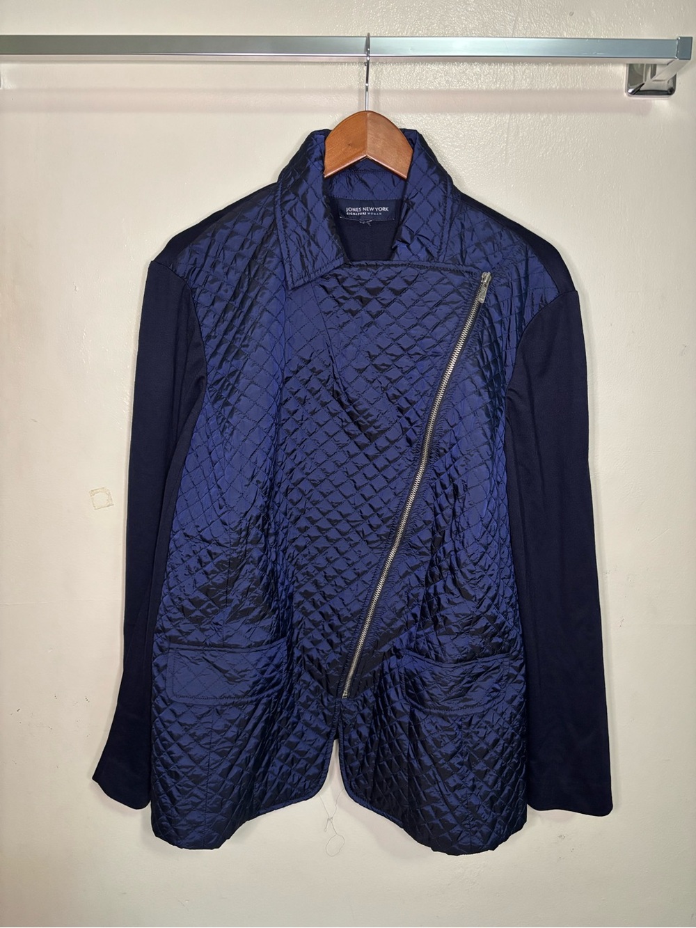 Jones New York Navy Blue Quilted Asymmetric Moto Jacket 2X Preppy Equestrian